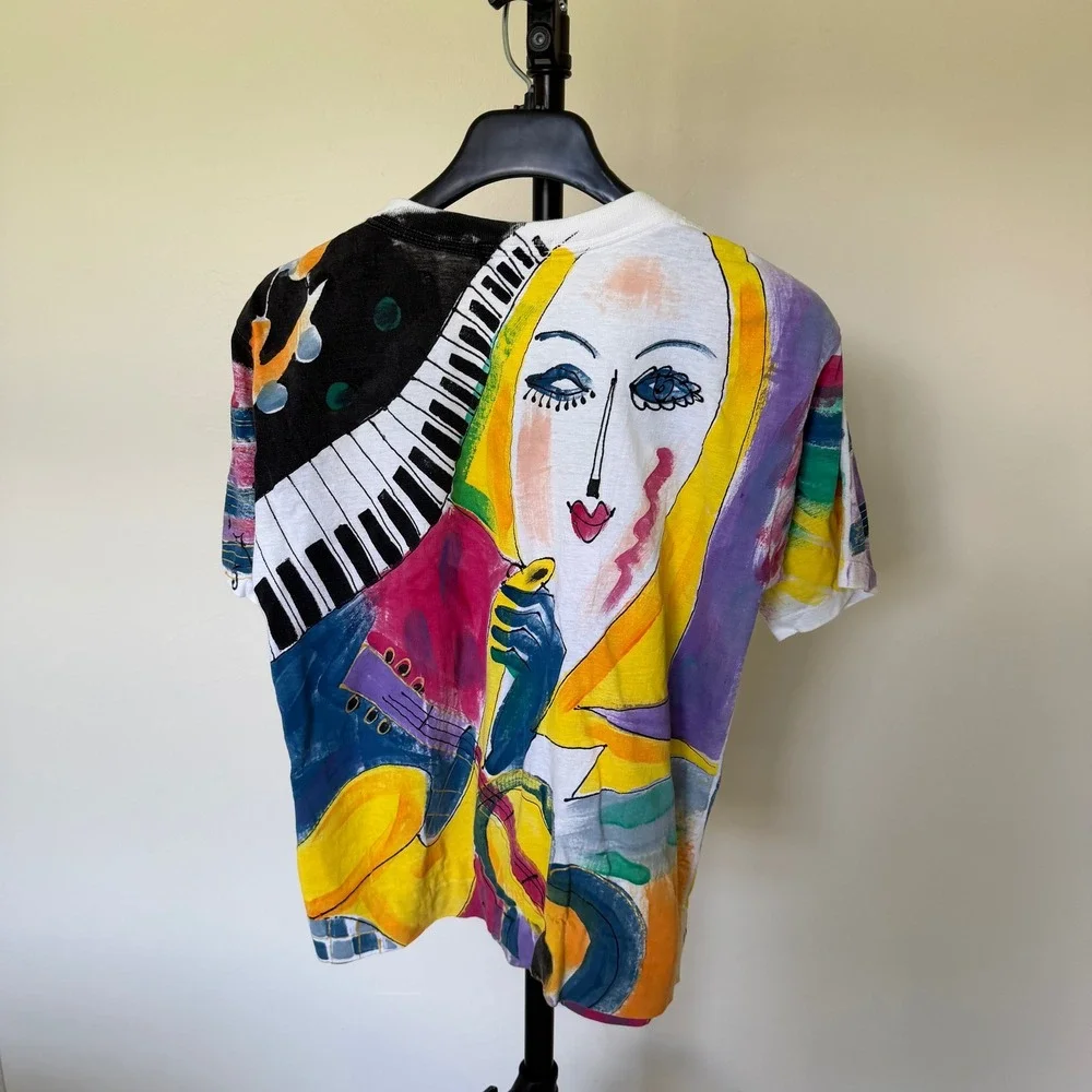 Kolorway‎ USA Abstract Art Music Piano Guitar AOP T-Shirt Sz M Multi Color